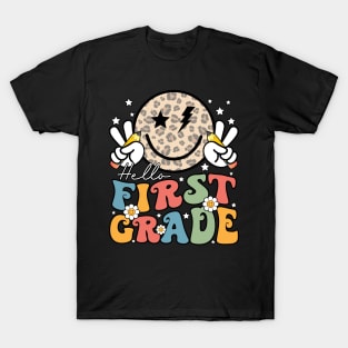 Leopard Groovy Happy Face Hello First Grade T-Shirt